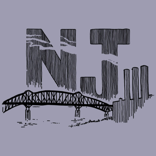 A line drawing of the Pulaski Skyway and Kearny power plant with the initials NJ. Designed by Kenny Velez.