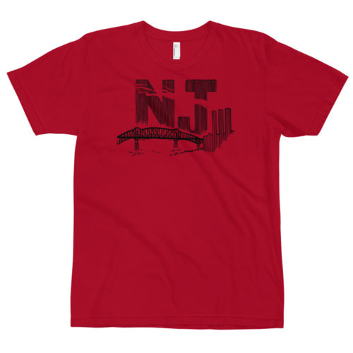 A red t-shirt with a line drawing of the Pulaski Skyway and Kearny power plant with the initials NJ. Designed by Kenny Velez.