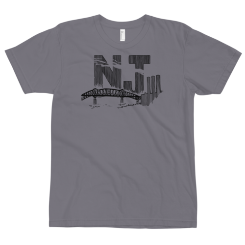 A slate gray t-shirt with a line drawing of the Pulaski Skyway and Kearny power plant with the initials NJ. Designed by Kenny Velez.