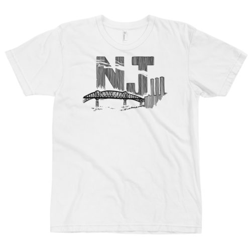 A white t-shirt with a line drawing of the Pulaski Skyway and Kearny power plant with the initials NJ. Designed by Kenny Velez.