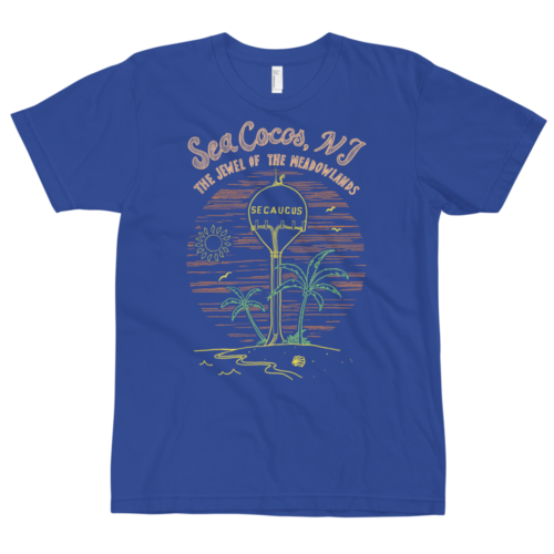 A royal blue t-shirt with a drawing of the water tower from Secaucus, NJ on a beach, with the words Sea Cocos, The Jewel of the Meadowlands. Designed by Kenny Velez.