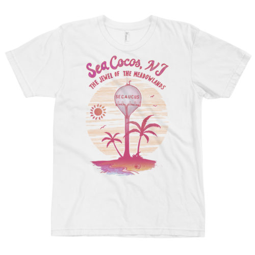 A white t-shirt with a drawing of the water tower from Secaucus, NJ on a beach, with the words Sea Cocos, The Jewel of the Meadowlands. Designed by Kenny Velez.