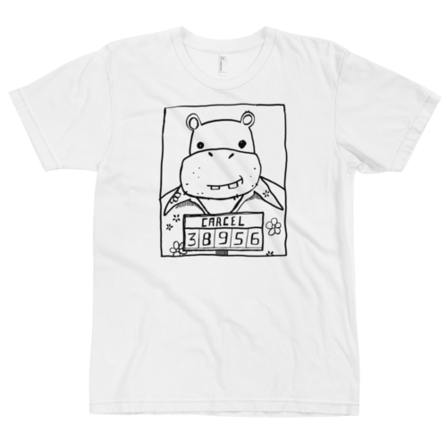 A white t-shirt with a drawing of a mugshot featuring a cartoon hippo in a Hawaiian shirt in the vein of the iconic mugshot of Pablo Escobar. Designed by Kenny Velez.