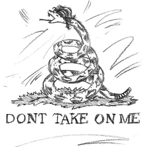 A drawing of a modified Gadsden flag but drawn in pencil with the words Don't Take on Me. A play on the a-ha - Take On Me Music Video. The snake has a mullet.