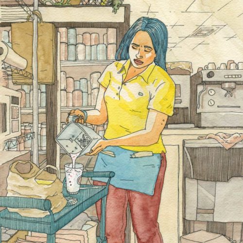 A watercolor illustration of a female restaurant worker pouring a milkshake like Vermeer's Milkmaid. By Kenny Velez