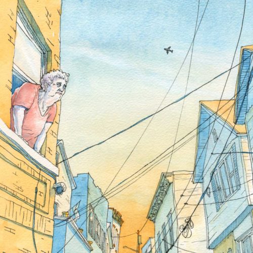 Watercolor illustration of an old lady looking out an apartment window in Union City, NJ