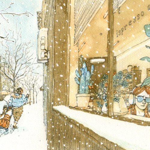 A woman works in a comfortably in a cafe while another delivers packages in the snow. Illustration print from the Union City, NJ watercolor series.