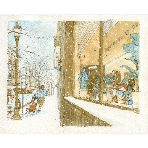 A woman works in a comfortably in a cafe while another delivers packages in the snow. Illustration print from the Union City, NJ watercolor series.