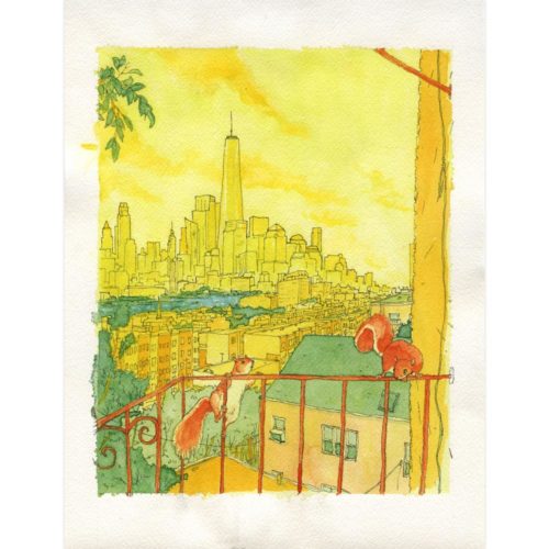 Squirrels in a Union City balcony overlooking Hoboken and New York poster print