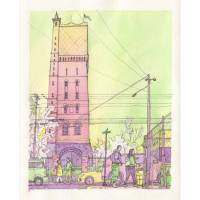 The Weehawken water tower during spring as seen from Union City, NJ. Illustration print from the Union City, NJ watercolor series.