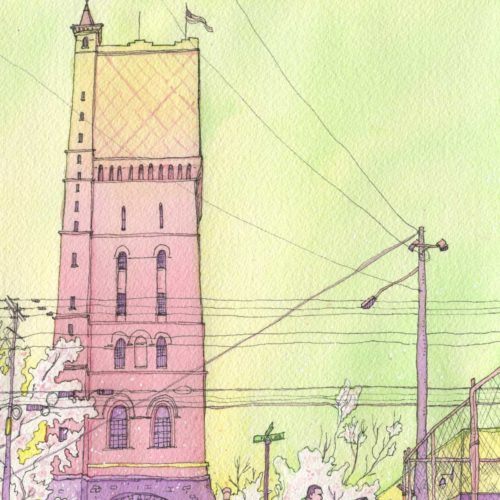 A watercolor illustration of the Weehawken water tower from Union City. By Kenny Velez