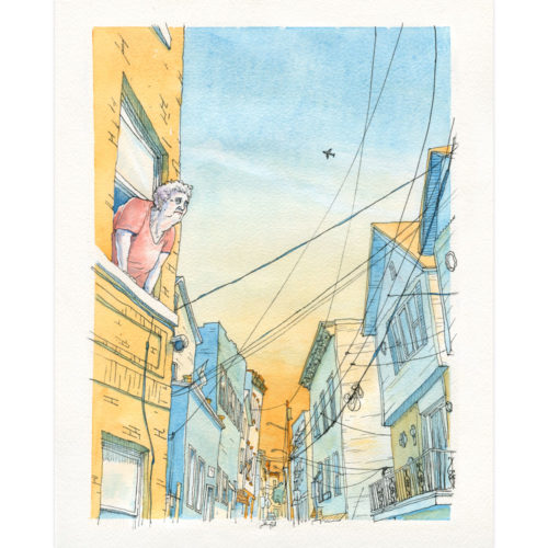 Watercolor illustration of an older woman looking out her apartment window in Union City, New Jersey. Illustration print from the Union City, NJ watercolor series. Artwork (not including the white border) measures approximately 6.5" x 9" inches