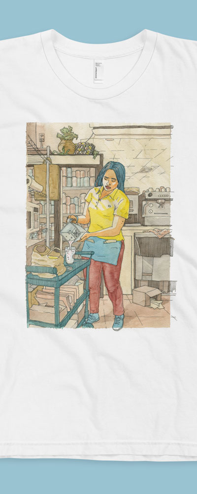 A white t-shirt with a watercolor illustration of a female restaurant worker pouring a milkshake like Vermeer's Milkmaid