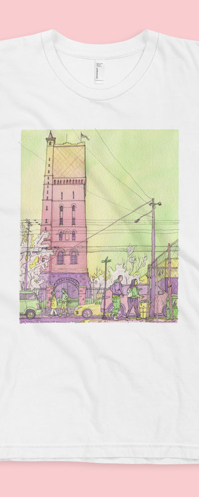 White T-Shirt of a watercolor illustration of the Weehawken water tower from Union City. By Kenny Velez