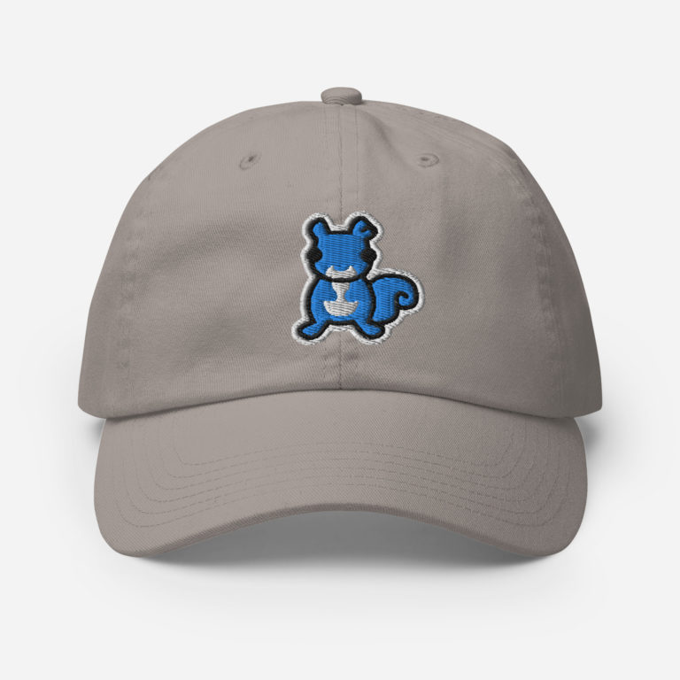 A grey Champion baseball hat with a cute blue squirrel embroidery. Ma Squirrel by Kenny Velez is the brand.