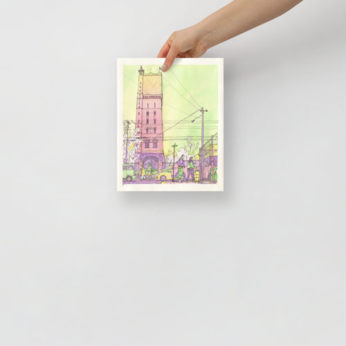 The Weehawken water tower during spring as seen from Union City, NJ. Illustration print from the Union City, NJ watercolor series.