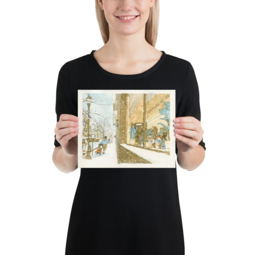 A woman works in a comfortably in a cafe while another delivers packages in the snow. Illustration print from the Union City, NJ watercolor series.