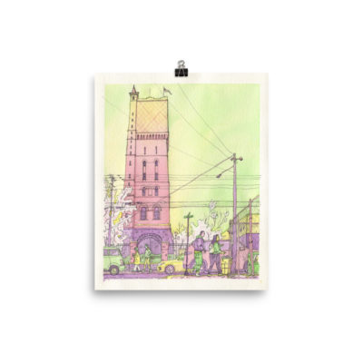 The Weehawken water tower during spring as seen from Union City, NJ. Illustration print from the Union City, NJ watercolor series.