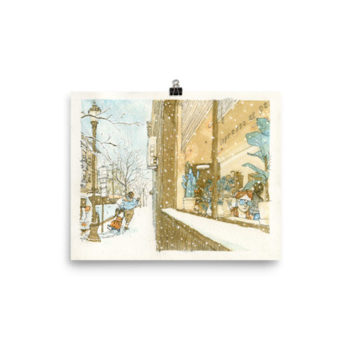 A woman works in a comfortably in a cafe while another delivers packages in the snow. Illustration print from the Union City, NJ watercolor series.