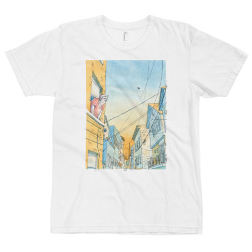 A white shirt with a watercolor illustration of an old lady looking out an apartment window in Union City, NJ