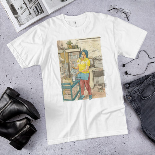 A white t-shirt with a watercolor illustration of a female restaurant worker pouring a milkshake like Vermeer's Milkmaid. It's on the floor with stuff around it. By Kenny Velez