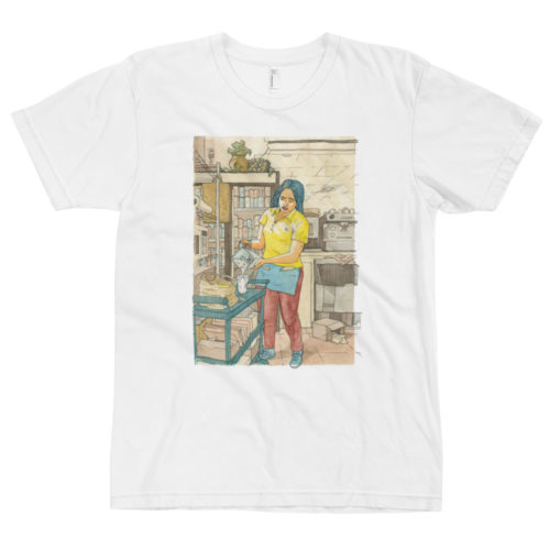 A white t-shirt with a watercolor illustration of a female restaurant worker pouring a milkshake like Vermeer's Milkmaid. By Kenny Velez