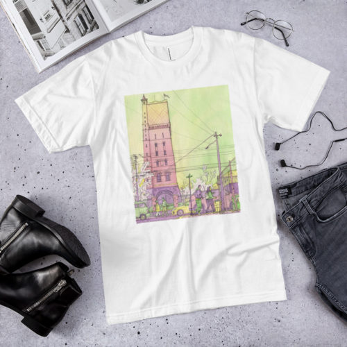 White T-Shirt of a watercolor illustration of the Weehawken water tower from Union City. It's on the floor with stuff around it. By Kenny Velez