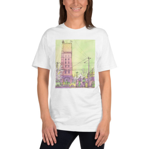 a woman wearing a white t-shirt of a watercolor illustration of the Weehawken water tower from Union City. By Kenny Velez