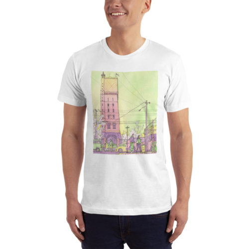 a man wearing a white t-shirt of a watercolor illustration of the Weehawken water tower from Union City. By Kenny Velez