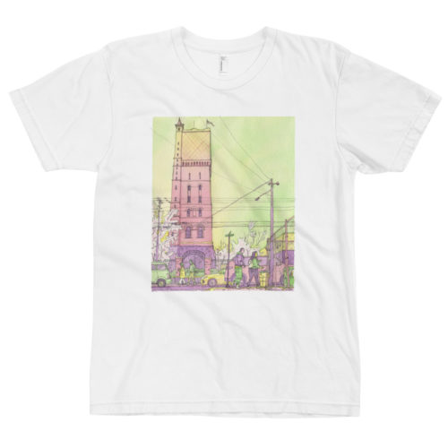 a white t-shirt of a watercolor illustration of the Weehawken water tower from Union City. By Kenny Velez