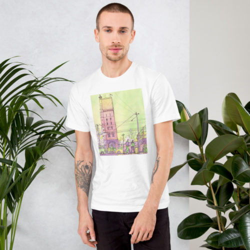 a man wearing a white t-shirt of a watercolor illustration of the Weehawken water tower from Union City. By Kenny Velez