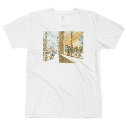 A t-shirt of an illustration of a woman in a comfortably in a cafe while another delivers packages in the snow. Illustration print from the Union City, NJ watercolor series.