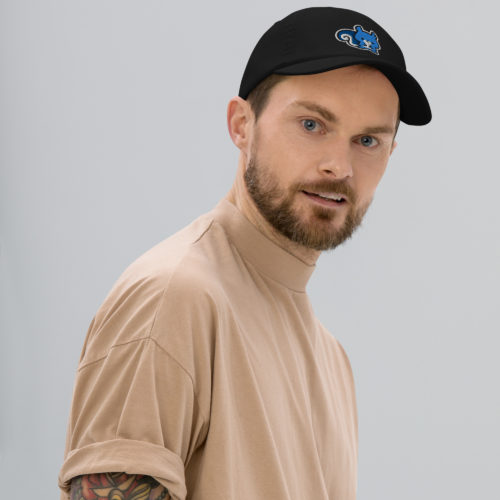 a man wearing a Black Champion brand baseball hat with a cute blue embroidered squirrel