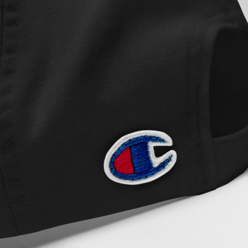 A closeup of a black Champion brand baseball hat with a cute blue embroidered squirrel