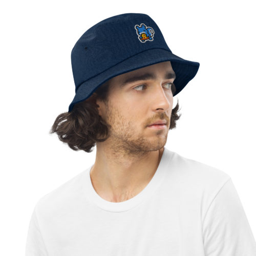 A man wearing a blue Denim bucket hat with a squirrel eating a slice of pizza