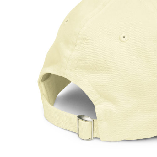 Back of a Lemon Yellow pastel baseball hat with a cute blue embroidered squirrel