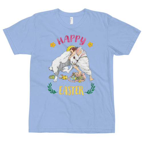 Baby Blue Shirt saying with Jesus fighting the Easter Bunny. Says Happy Easter