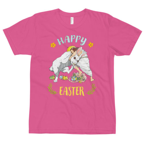 Fuchsia Shirt saying with Jesus fighting the Easter Bunny. Says Happy Easter