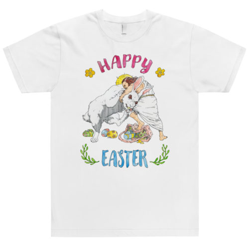 White Shirt saying with Jesus fighting the Easter Bunny. Says Happy Easter