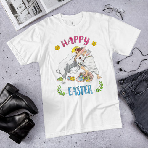 White Shirt saying with Jesus fighting the Easter Bunny. Says Happy Easter