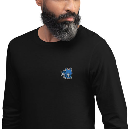 A man wearing a black long sleeve shirt with a cute blue squirrel embroidery