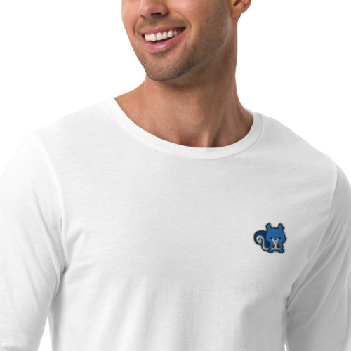 A man wearing a white long sleeve shirt with a cute blue squirrel embroidery