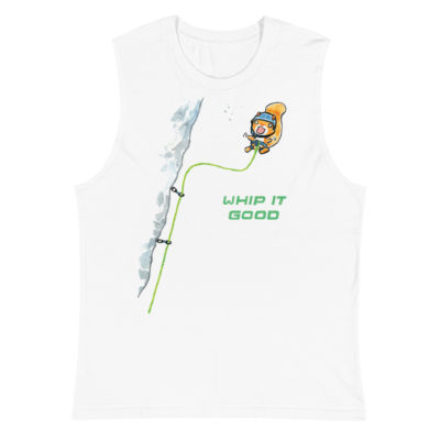 a tee with a rock climbing squirrel taking a whipper