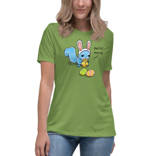 woman wearing a Green shirt with Ma Squirrel wearing fake bunny ears tying to eat an easter egg