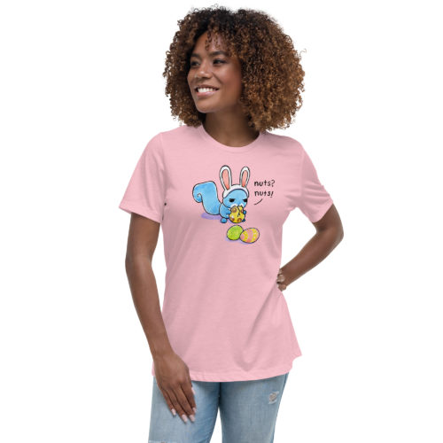 woman wearing a pink tee with Ma Squirrel wearing fake bunny ears tying to eat an easter egg