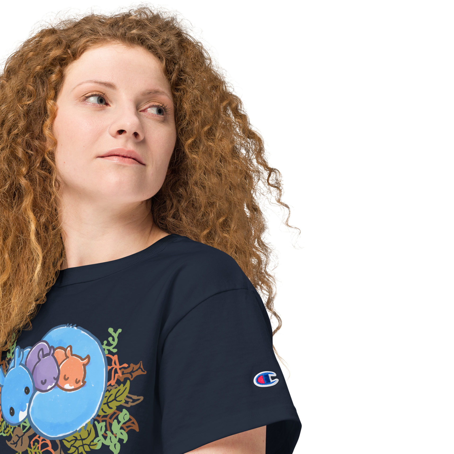 a girl wearing a Navy Blue crop top shirt with a cute Ma Squirrel sleeping in her nest with 2 kids.