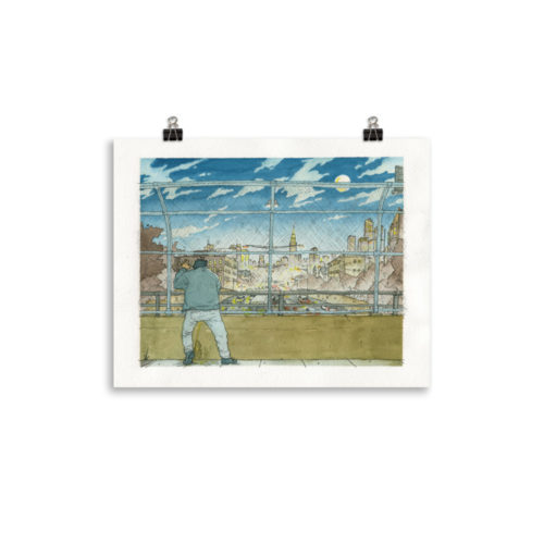 A Watercolor painting of a man urinating in public on an overpass in Union City, NJ overlooking NYC