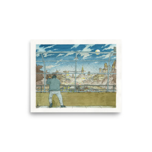 A Watercolor painting of a man urinating in public on an overpass in Union City, NJ overlooking NYC