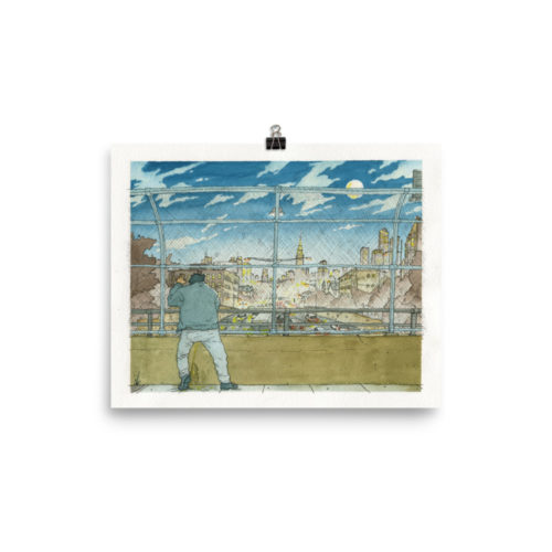 A Watercolor painting of a man urinating in public on an overpass in Union City, NJ overlooking NYC