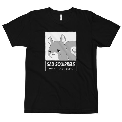 black t-shirt with anime Sad Squirrels drawing and Japanese writing